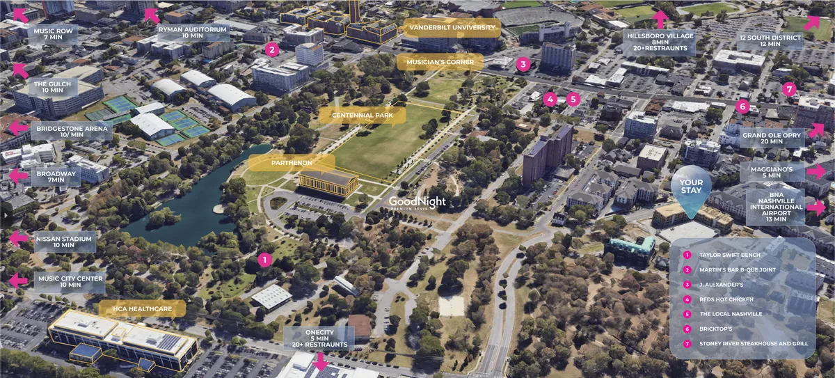 A sweeping aerial view of Nashville highlights landmarks like Centennial Park, Vanderbilt University, GoodNight Hotel, Music Row, and Bridgestone Arena. The shot captures the heart of Midtown, with bustling streets, green spaces, and the city's energetic vibe.