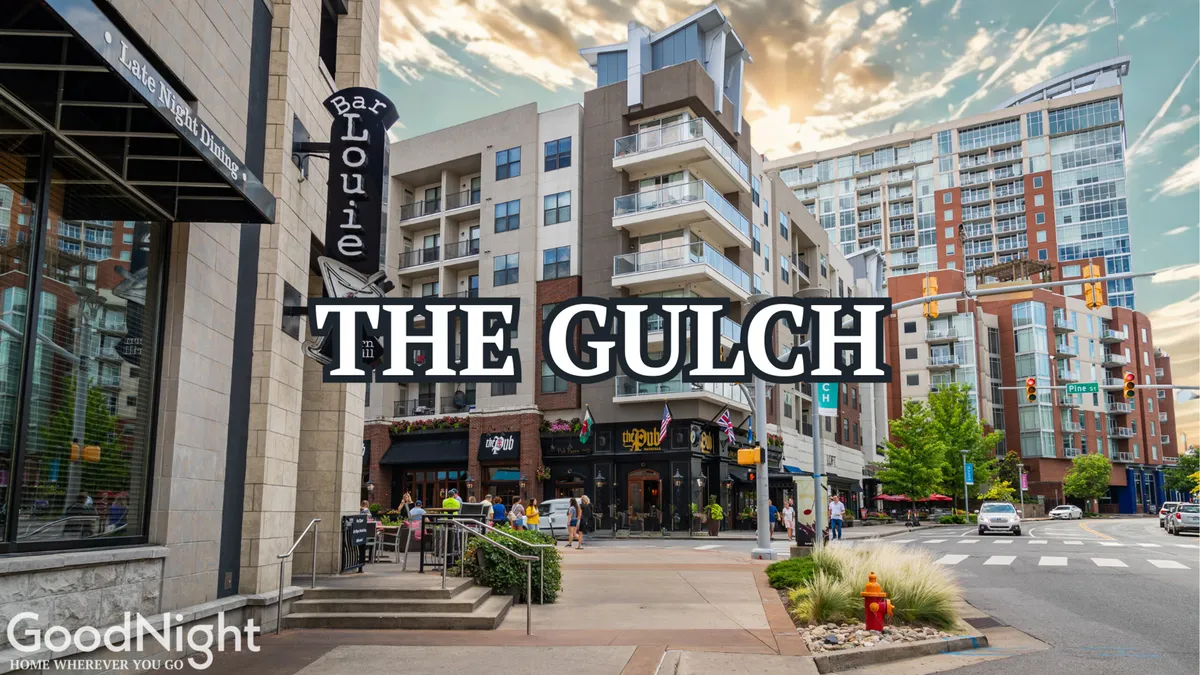 A street-level view of Bar Louie and nearby apartment buildings shows a lively urban block, with people walking, street signs, and an energizing city atmosphere perfect for nighttime adventures.